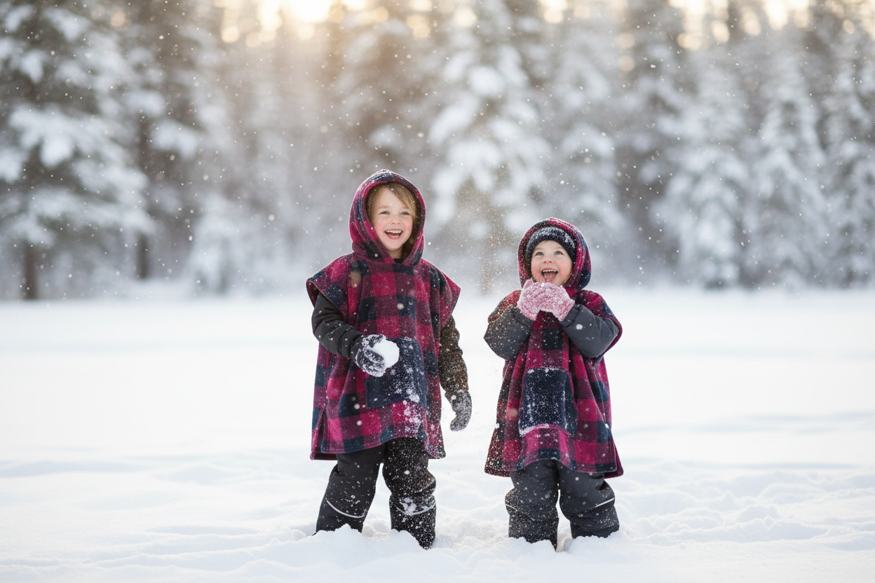 Kids winter lifestyle photo with pink poncho