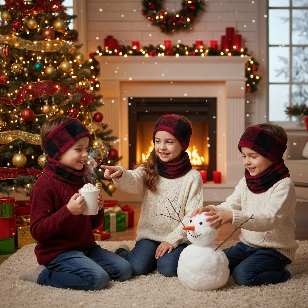 Kids with hot cocoa by Christmas tree