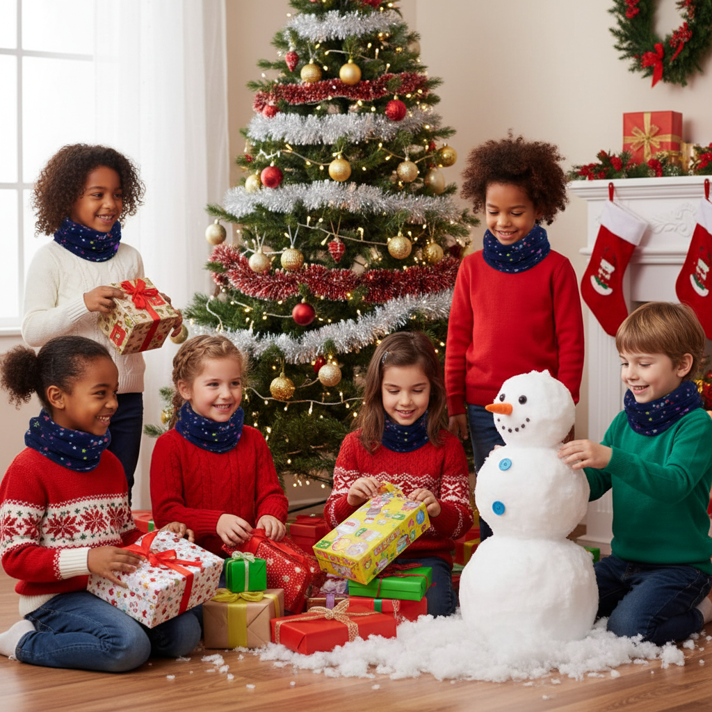 Kids with snowman and presents