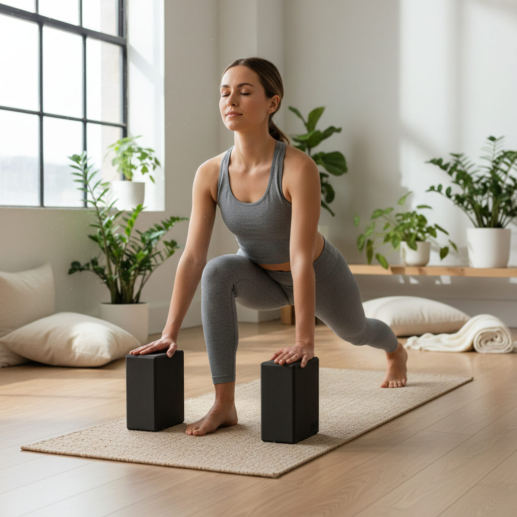 Lifestyle photo of black yoga blocks in use during yoga practice