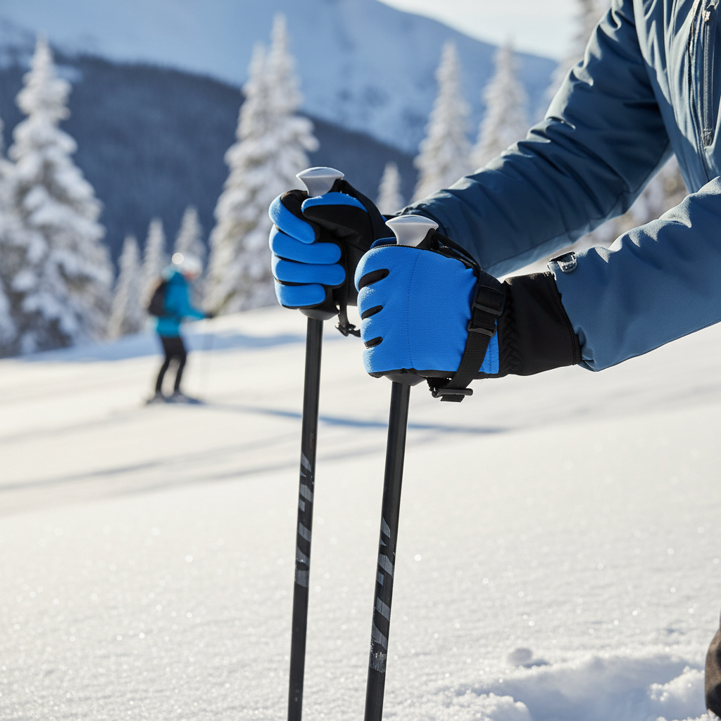 Lifestyle photo of blue soft shell gloves