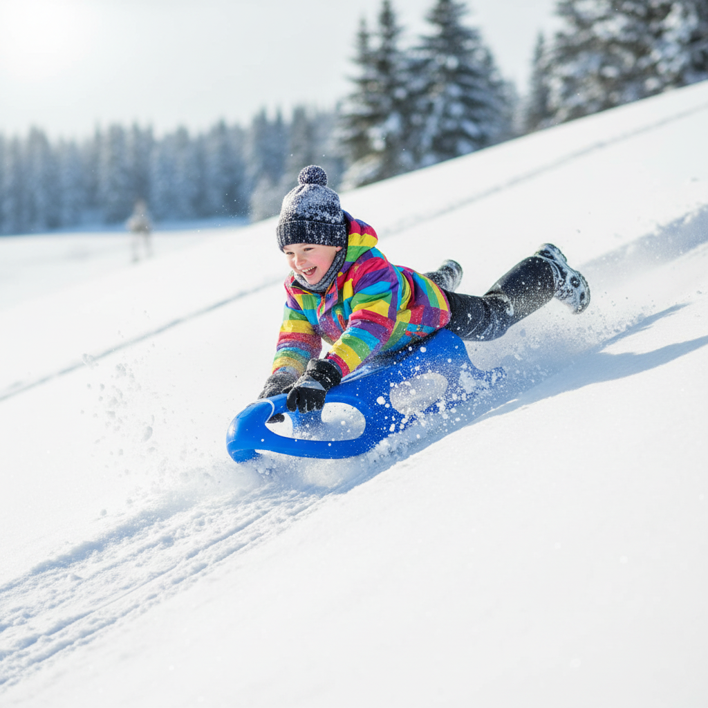 Lifestyle photo of child sledding on blue sled