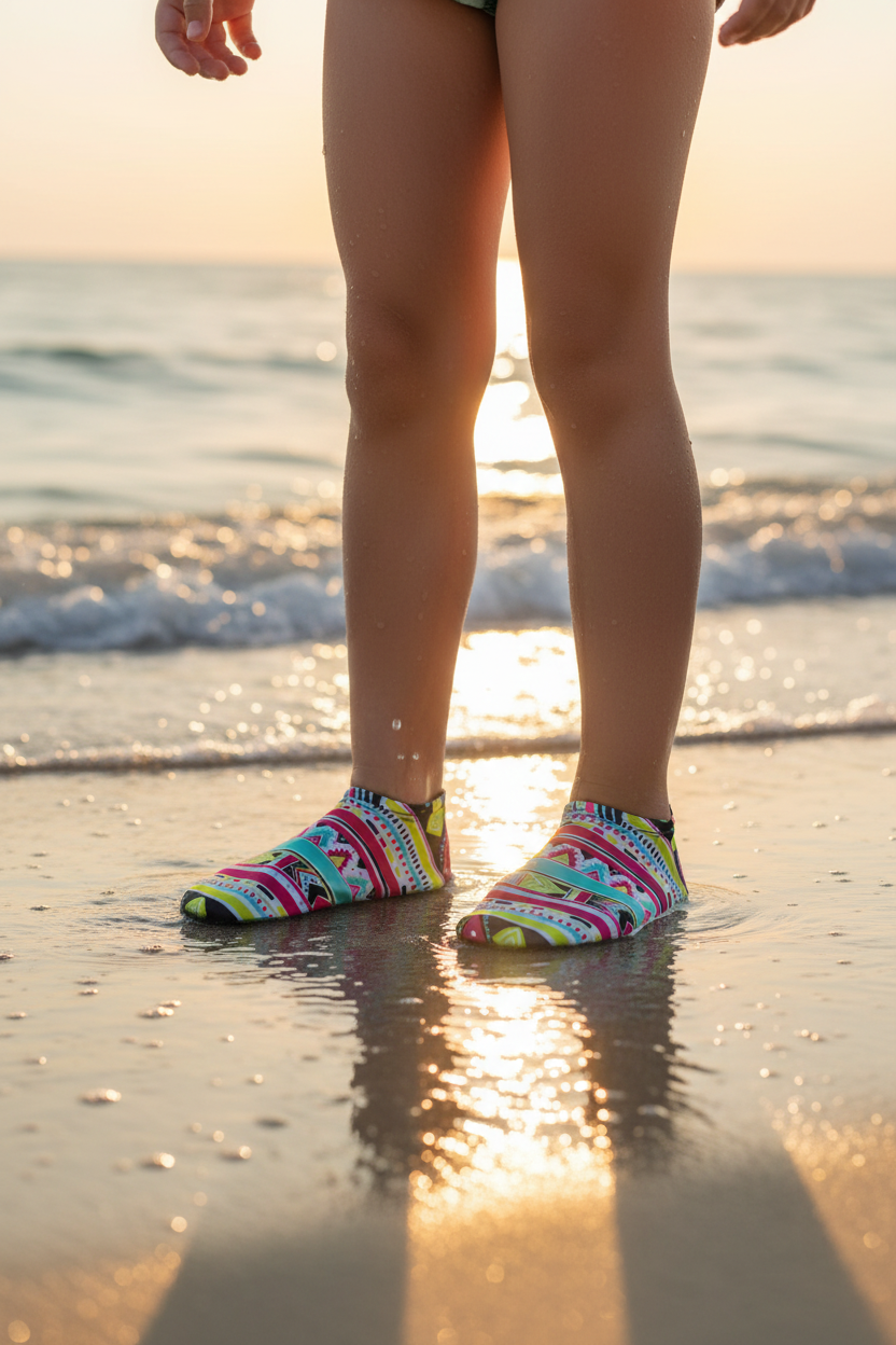 Lifestyle photo of Flexy Slips water shoes on beach