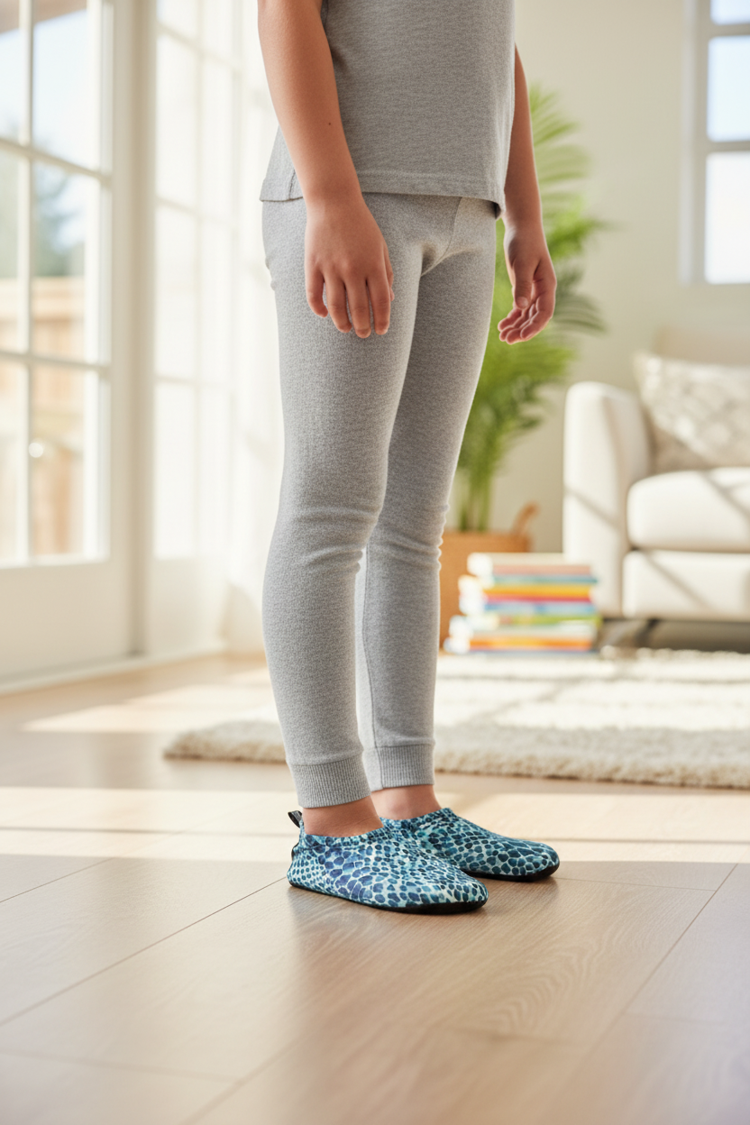 Lifestyle photo of girl wearing blue snake skin Flexy Slips at home