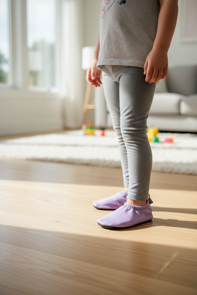 Lifestyle photo of girl wearing lavender purple Flexy Slips at home