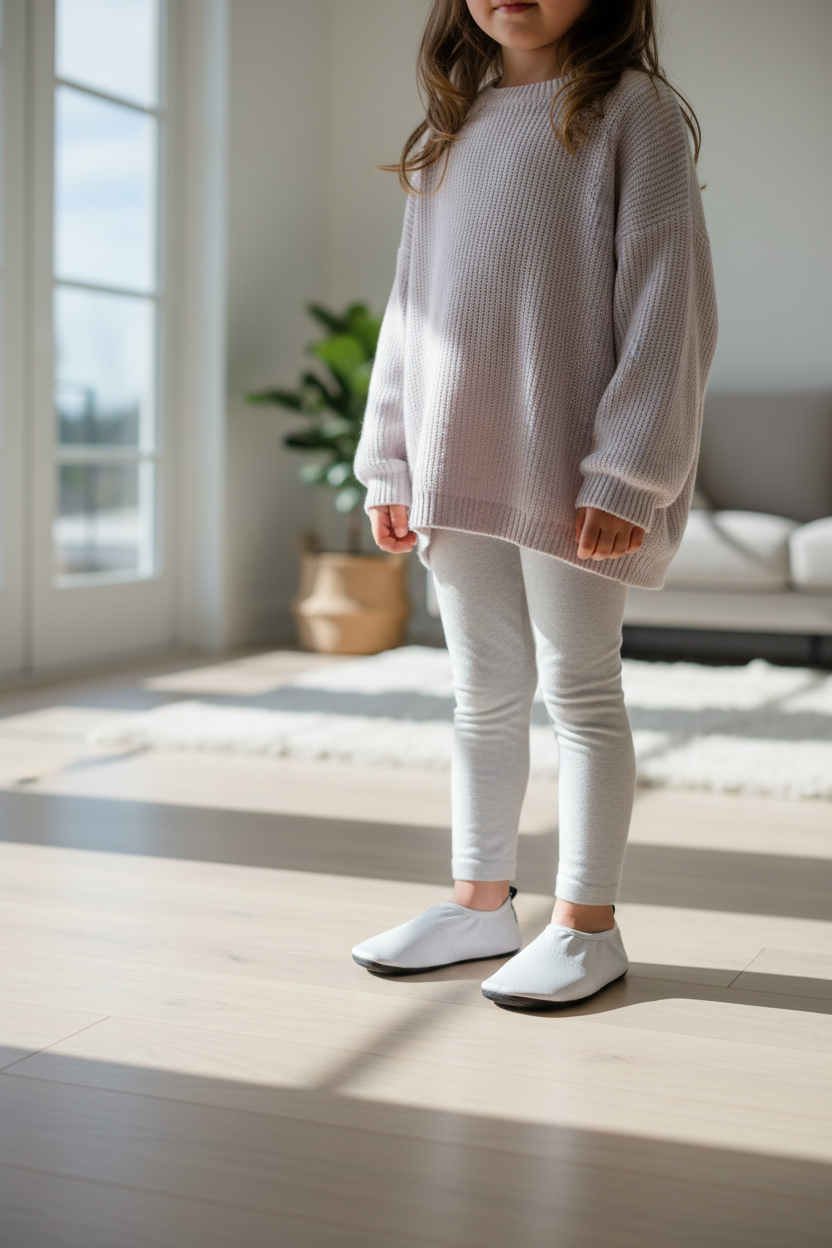 Lifestyle photo of girl wearing light gray Flexy Slips at home