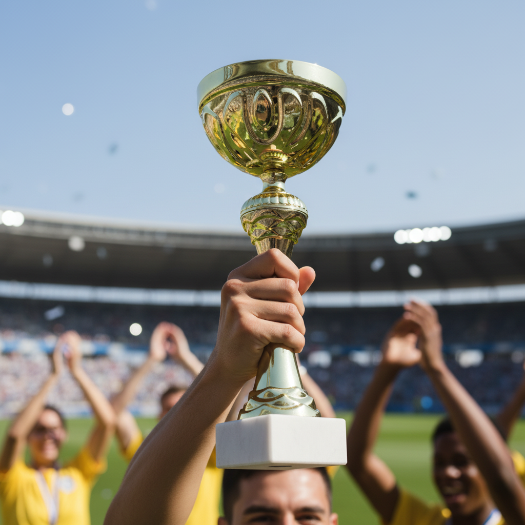 Lifestyle photo of gold trophy being held in celebration