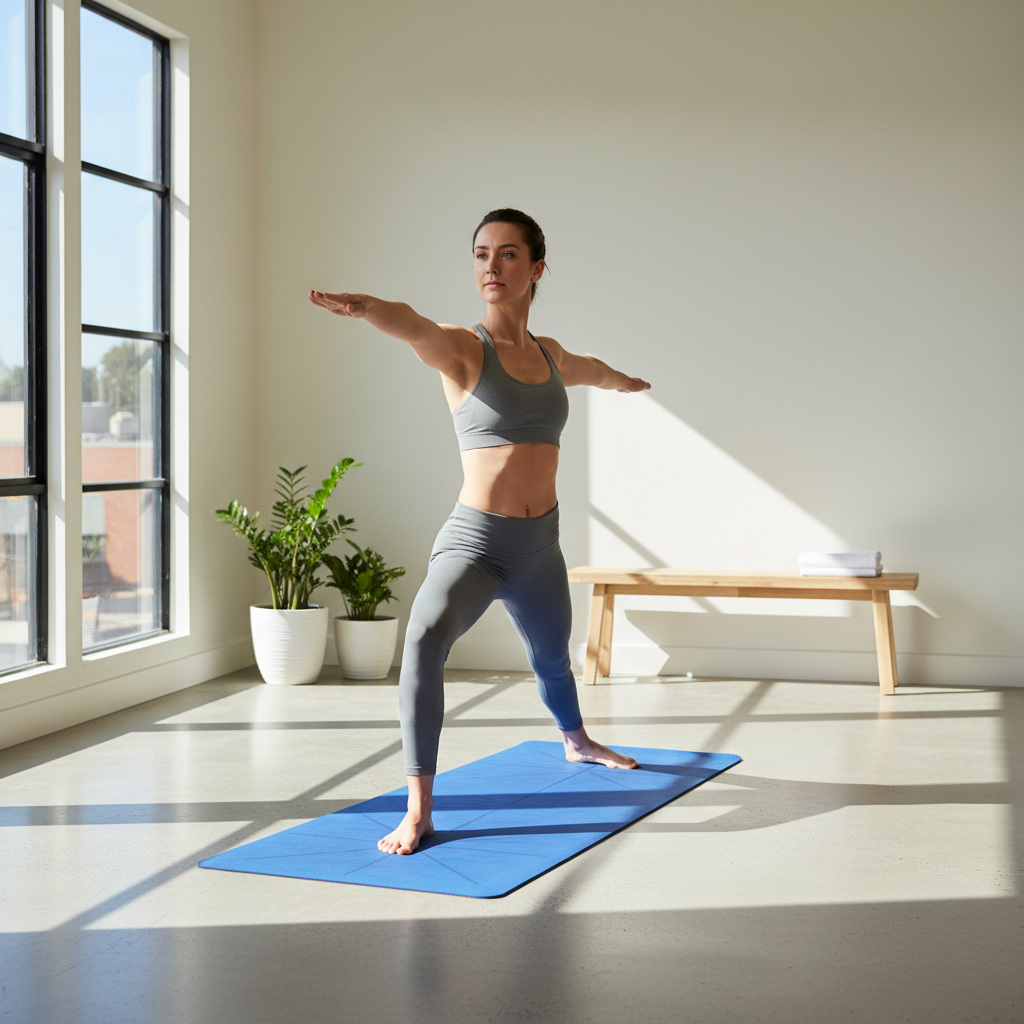 Lifestyle photo of royal blue yoga mat in use