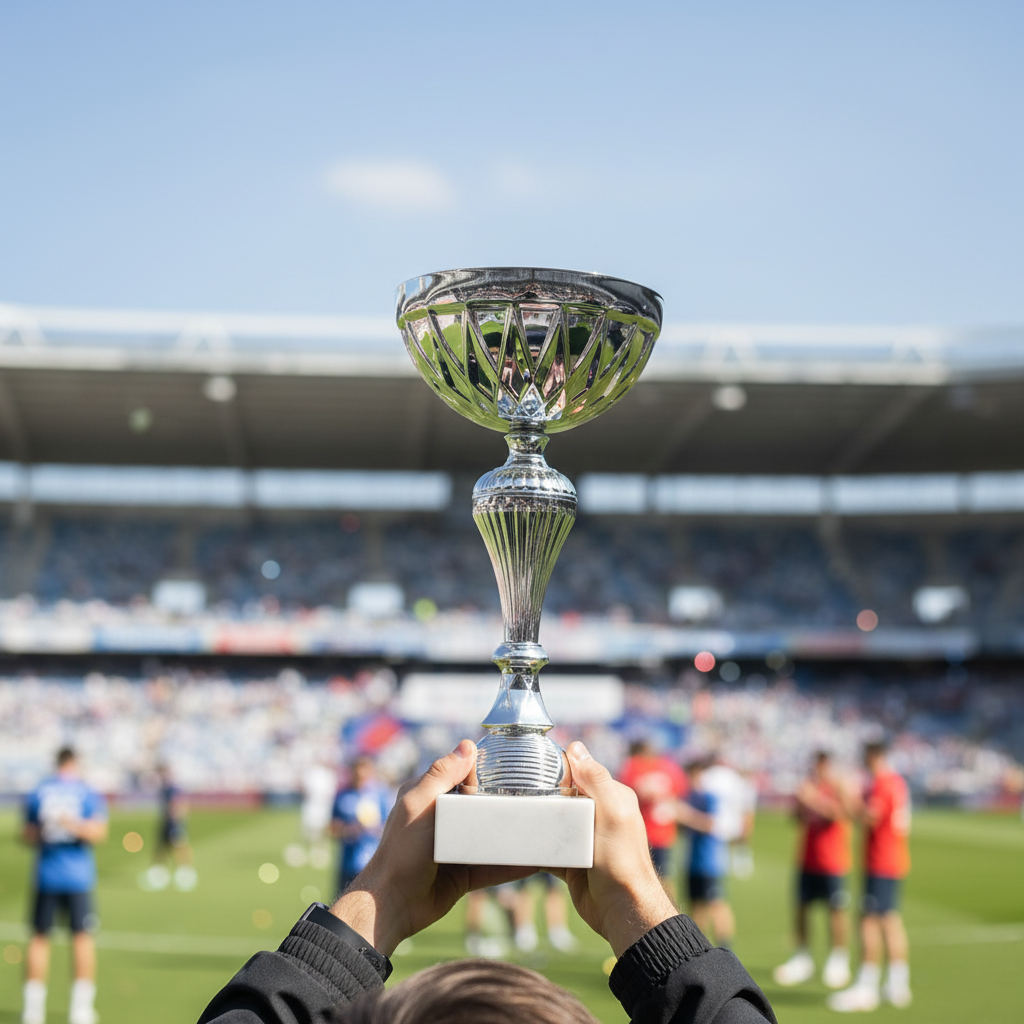 Lifestyle photo of silver trophy with geometric cutouts being held in celebration