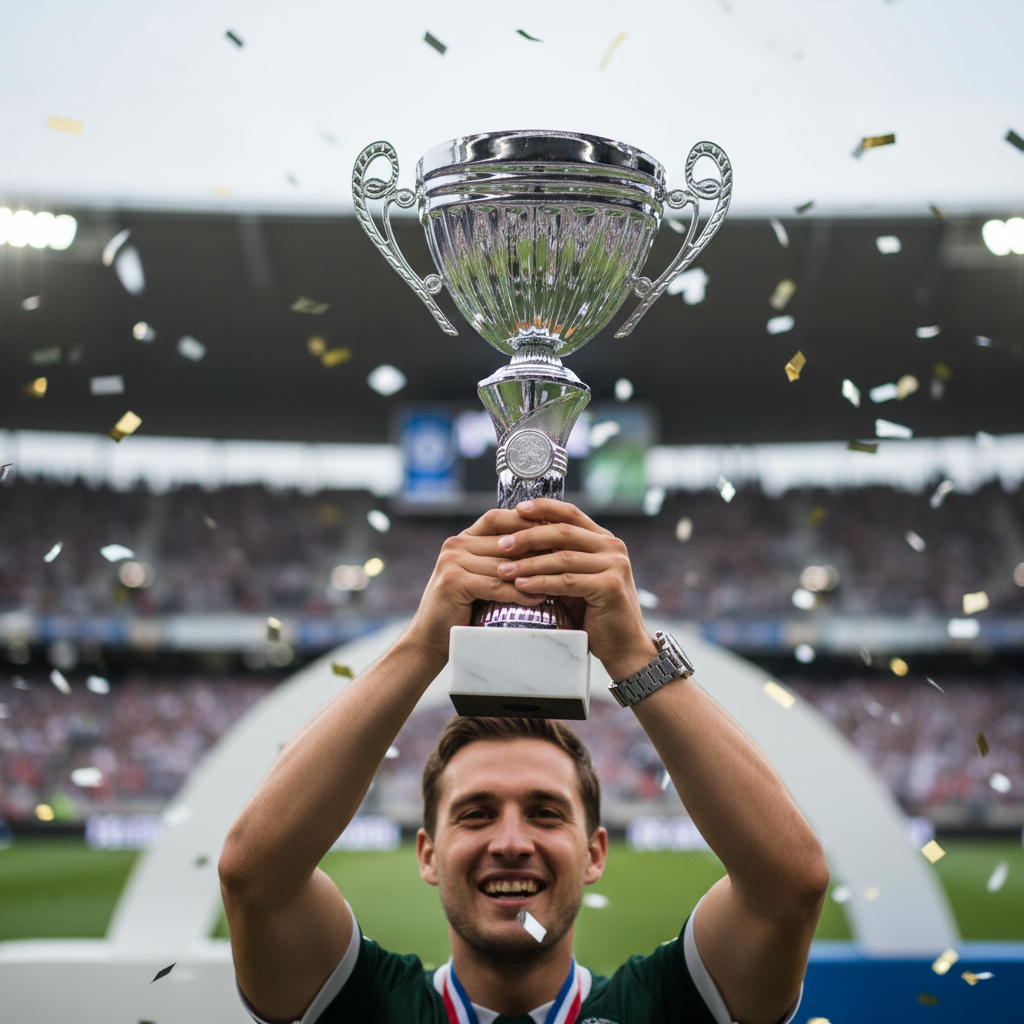Lifestyle photo of silver trophy with handles being held in celebration