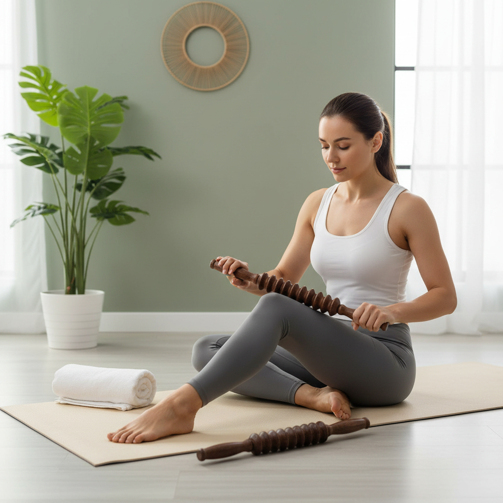 Lifestyle photo of wooden massage rollers in use for muscle therapy