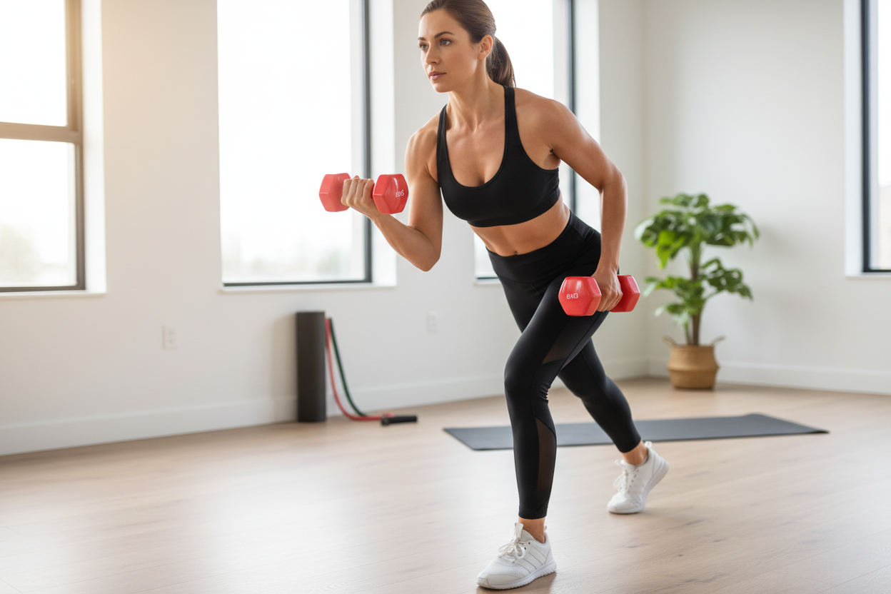 Lifestyle photo with coral red dumbbells