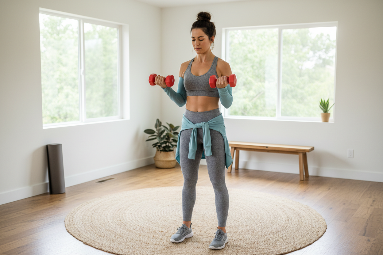 Lifestyle photo with woman and 1.5kg dumbbells