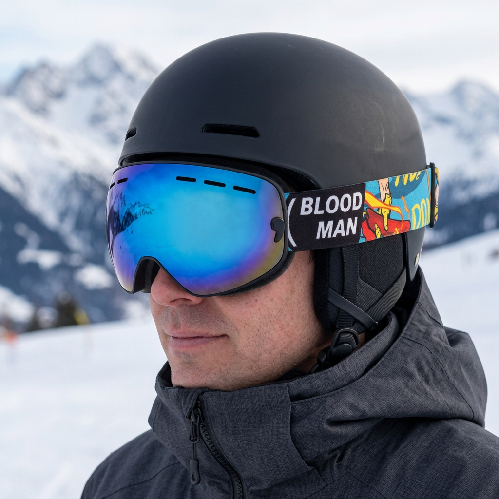 Lifestyle shot of mirrored goggles with a colorful strap worn by a skier in the mountains
