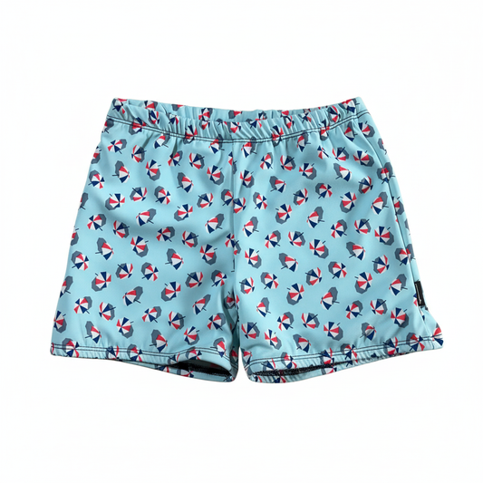 Light blue beach umbrella print swim shorts on white background
