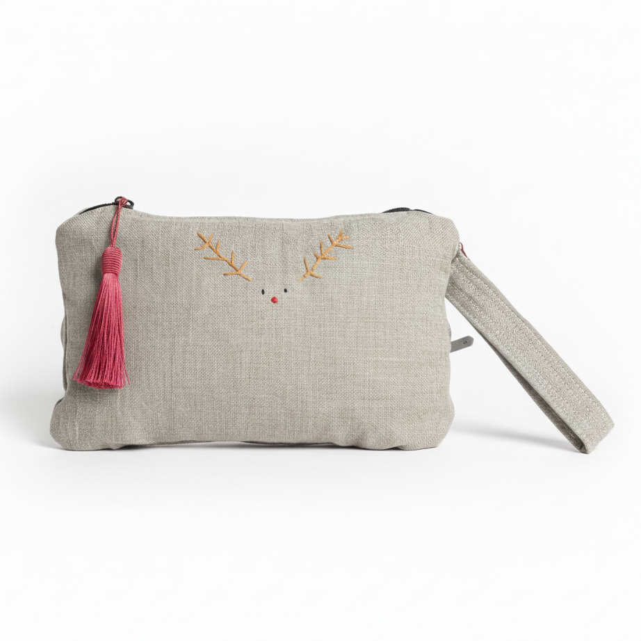 Light gray woven wristlet clutch with embroidered reindeer on white background