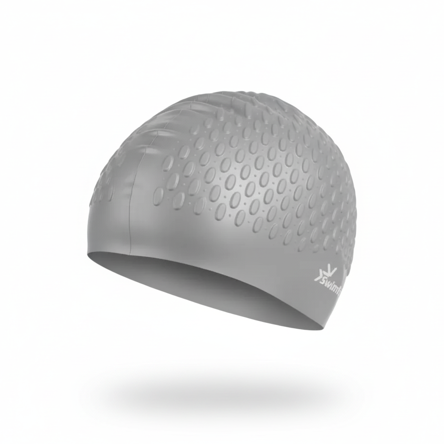 Light grey silicone swimming cap floating with brand