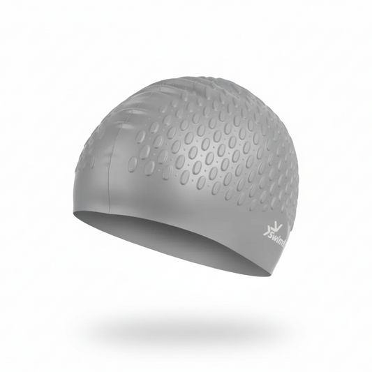 Light grey silicone swimming cap floating with brand