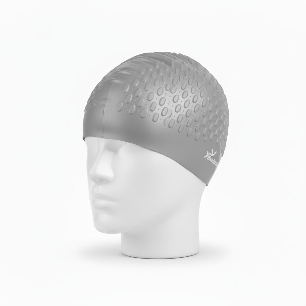 Light grey silicone swimming cap on mannequin left side view