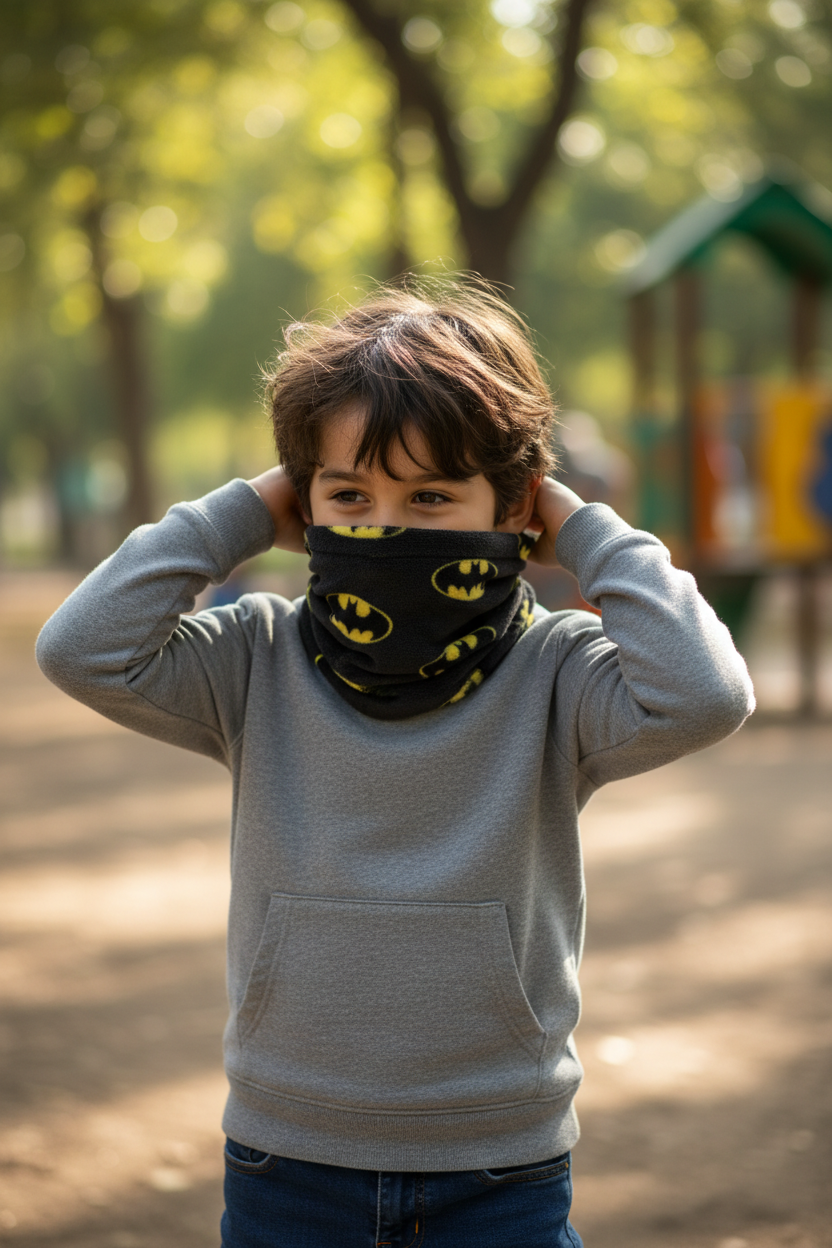 Little boy putting on Batman headgear