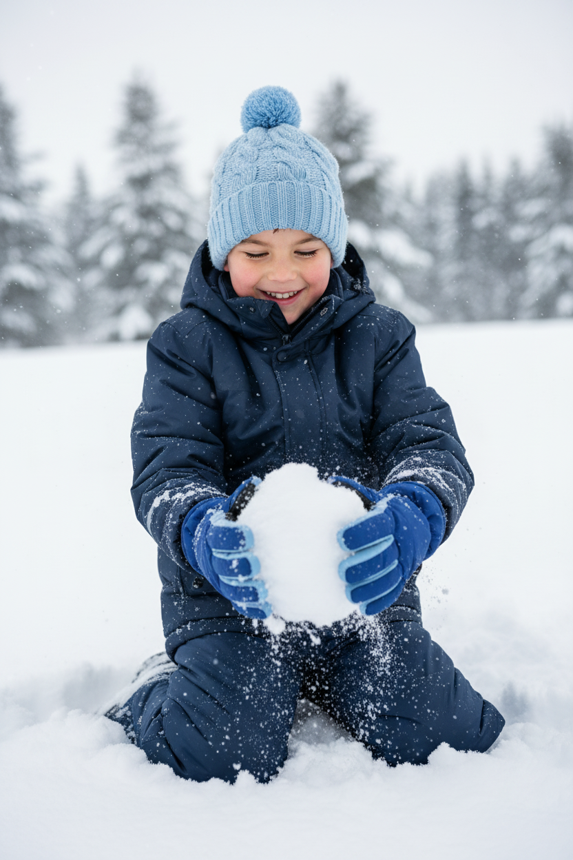 Little boy wearing blue snow gloves in snow