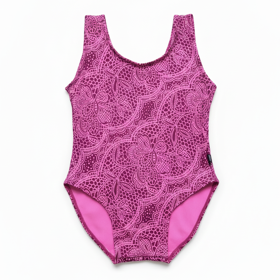 Magenta Lace Floral Print Swimsuit - White Background