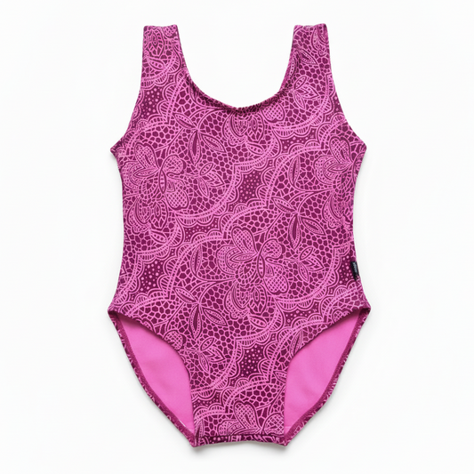 Magenta Lace Floral Print Swimsuit - White Background
