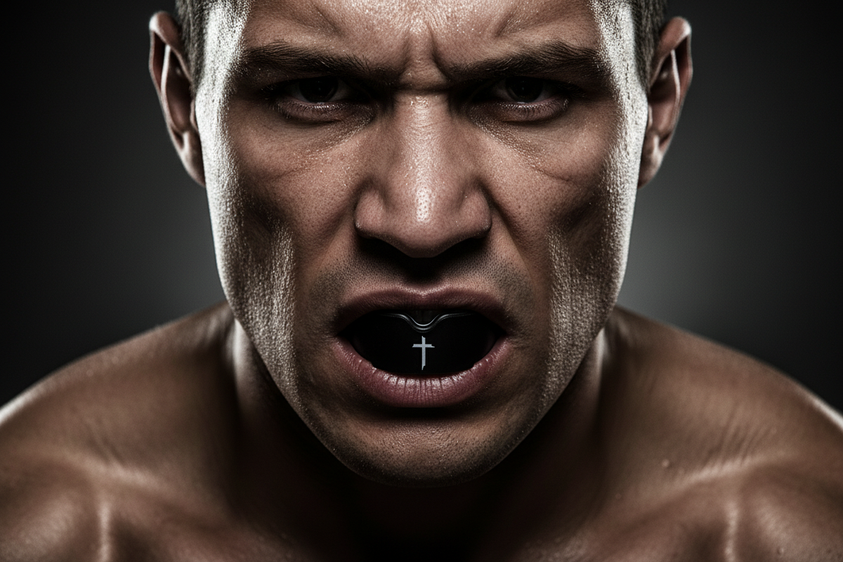 Male athlete wearing black mouth guard
