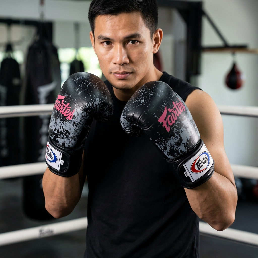 Male boxer wearing black, gray and pink Fairtex boxing gloves