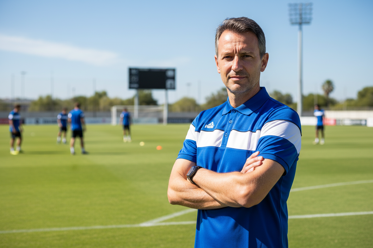 Male coach wearing blue Peak polo