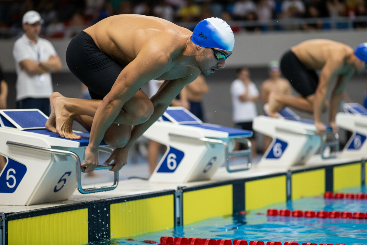 Male swimmer wearing blue and white SWIMFIT cap in competition