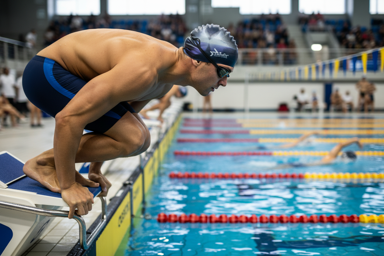 Male swimmer wearing dark blue and white patterned swim cap in competition