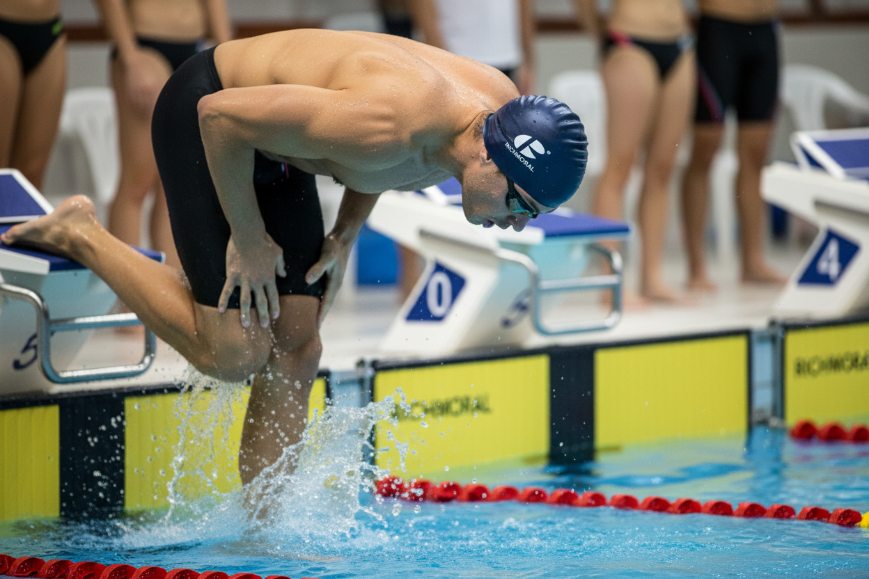 Male swimmer wearing dark blue RICHMORAL swim cap in competition