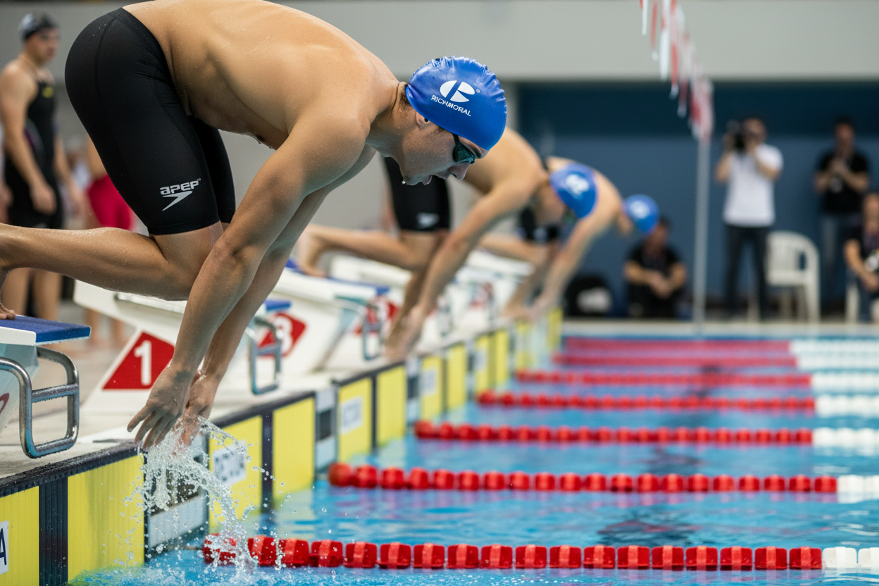 Male swimmer wearing royal blue RICHMORAL swim cap in competition