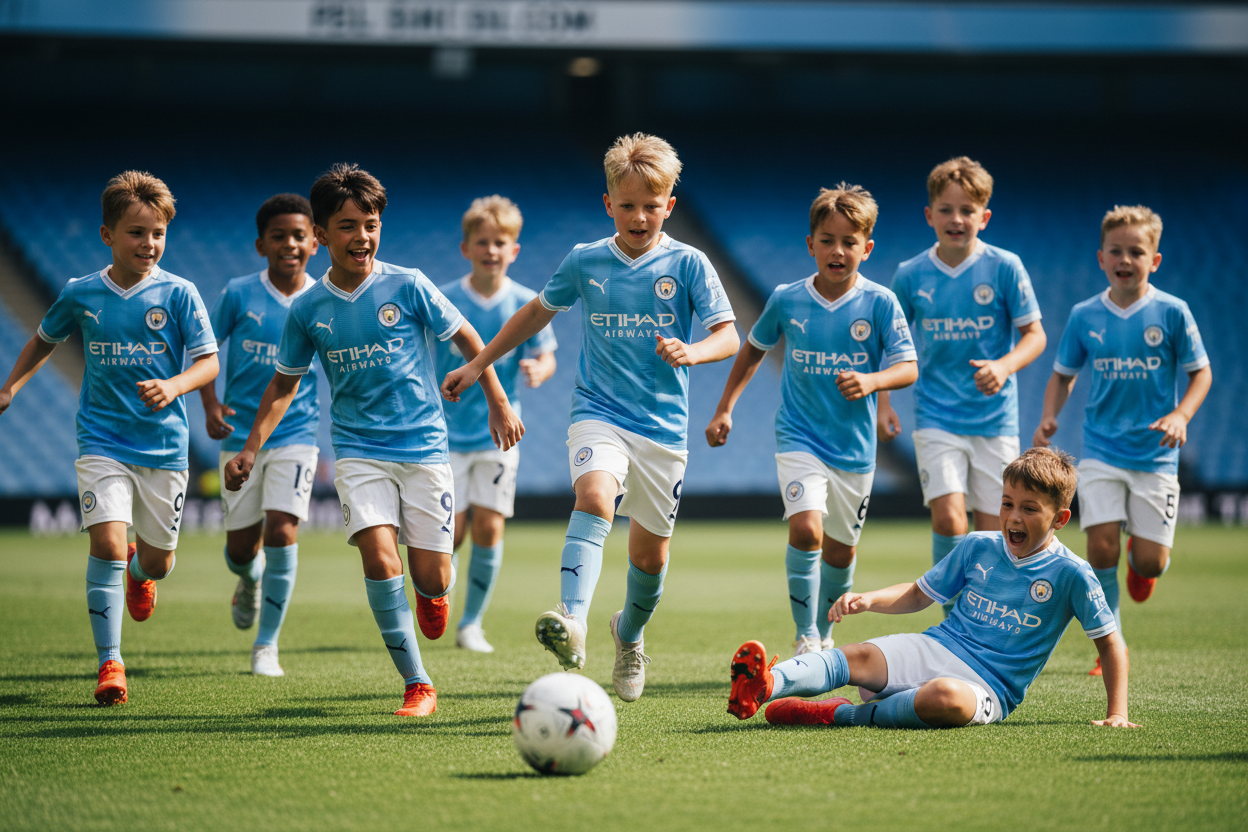 ![Man City Kit – Kids Team Playing Football