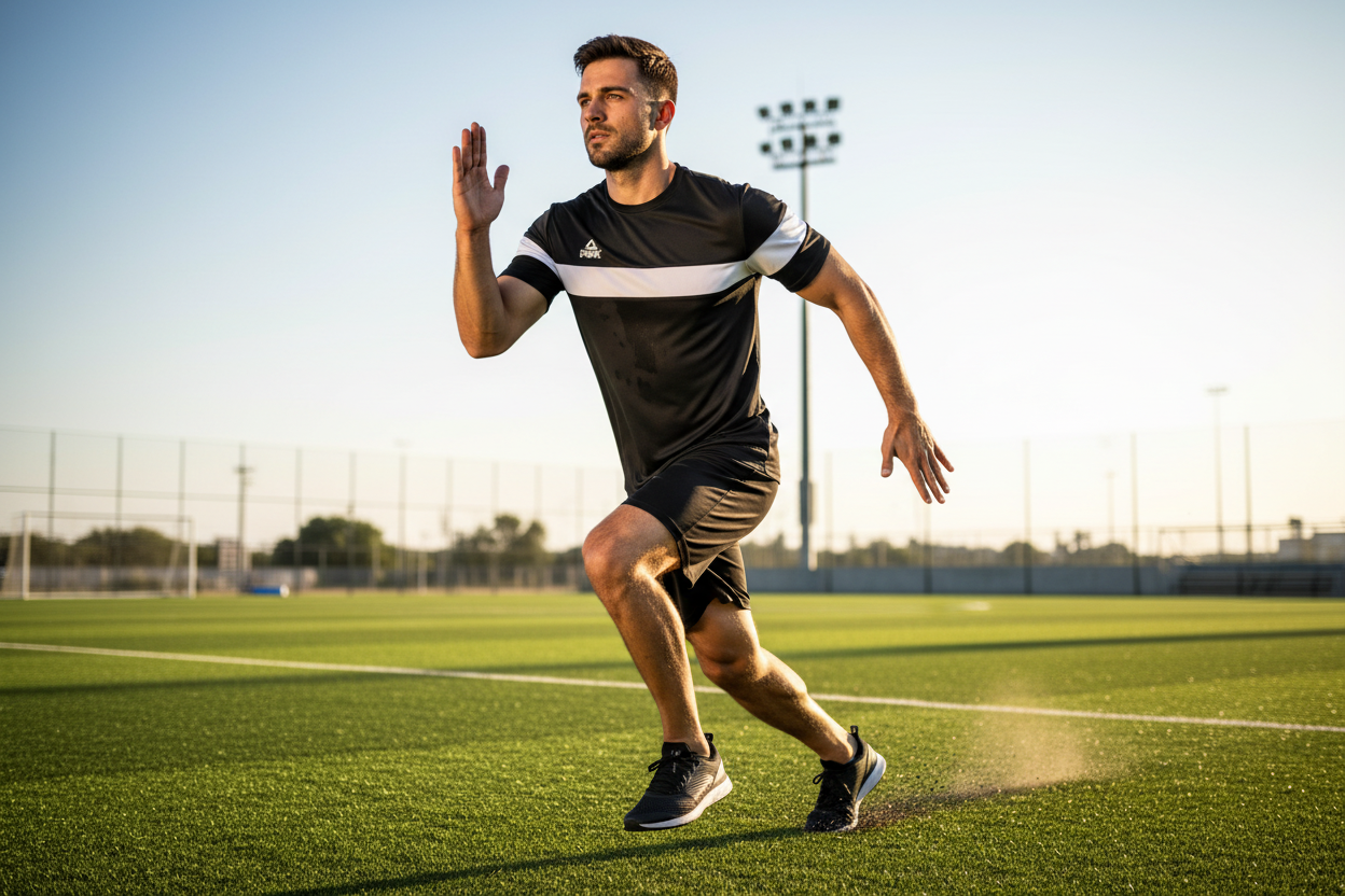 Man doing sports in black Peak t-shirt