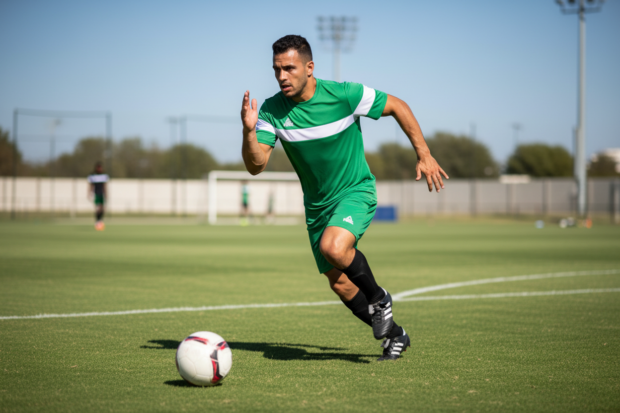 Man doing sports in green Peak t-shirt