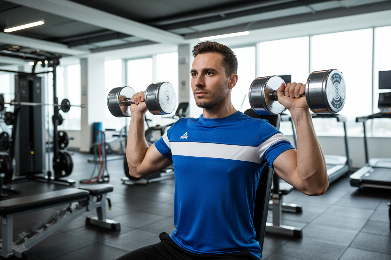 Man in blue and white PEAK t-shirt working out at gym