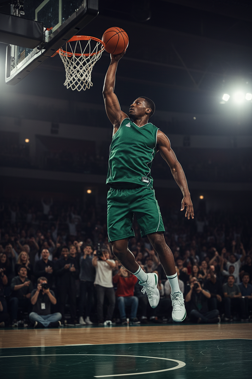 Man in Forest Green PEAK Uniform Playing Basketball
