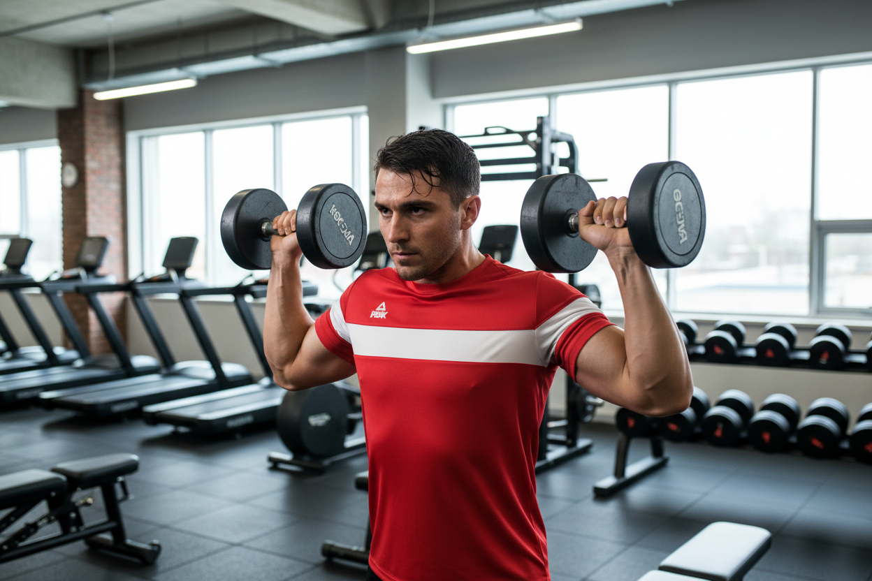 Man in red and white PEAK t-shirt working out at gym