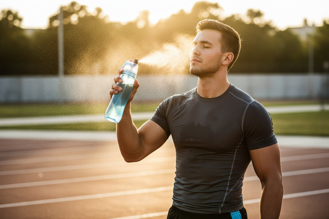 Man misting face with spray bottle