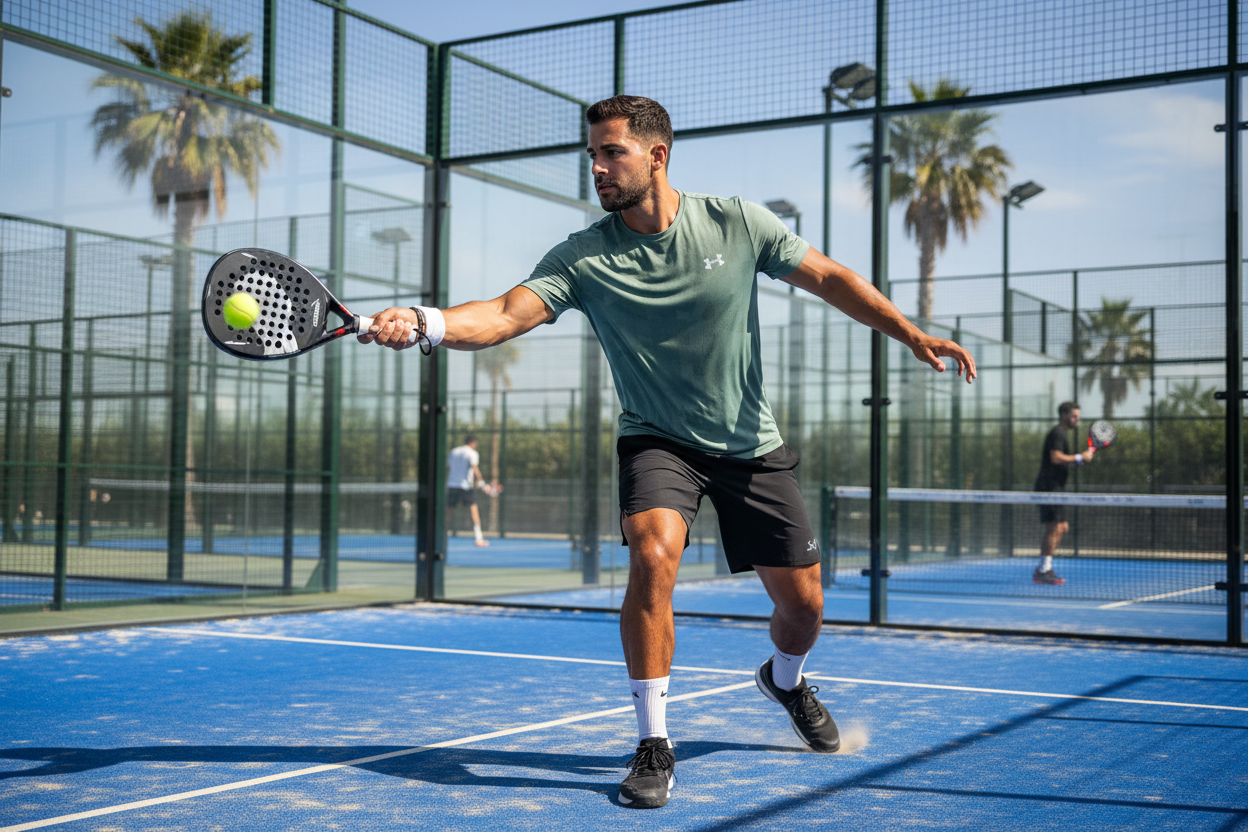 Man Playing Padel in Under Armour Shirt