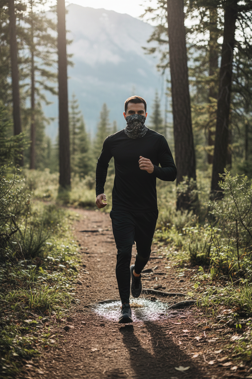 Man running in nature with neck gaiter