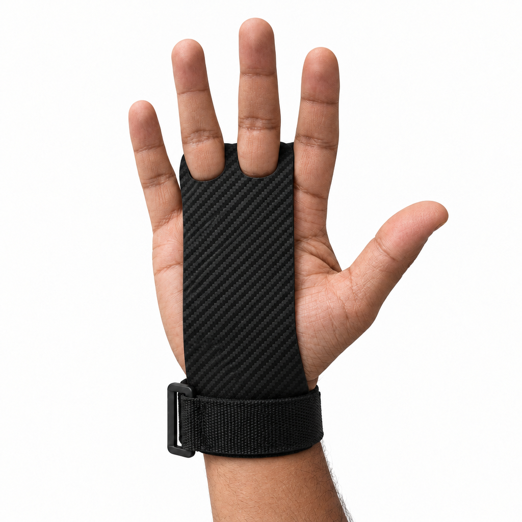 Man’s hand wearing the textured black gymnastics grip with two fingers through the holes