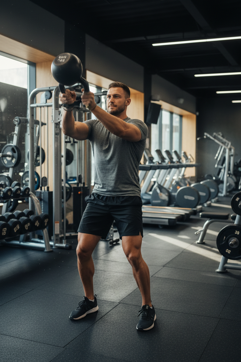 Man using 10kg kettlebell at gym
