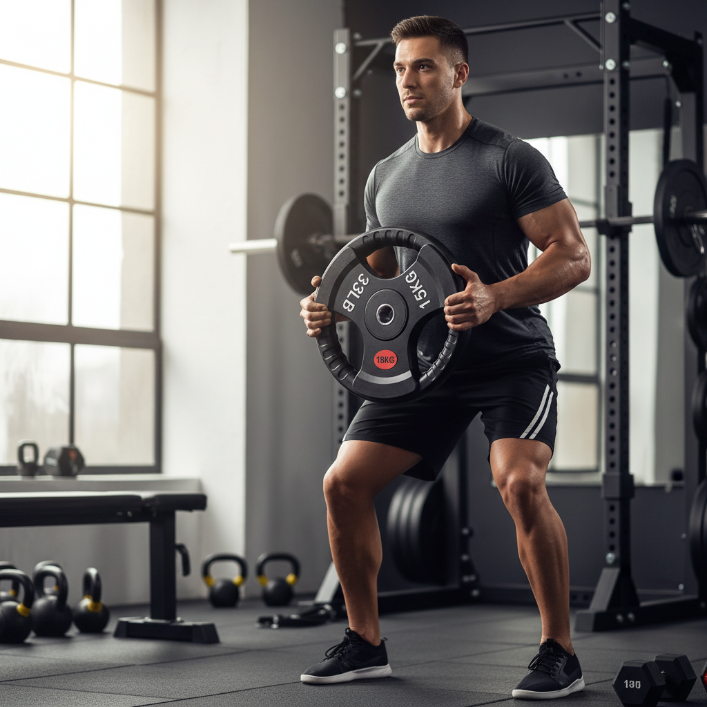 Man using 15kg weight plate