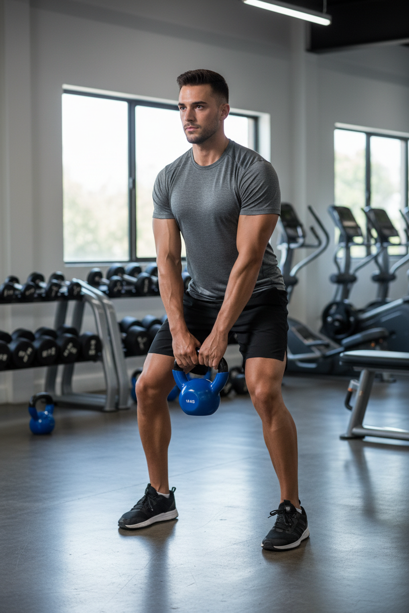 Man using 16 KG kettlebell at gym