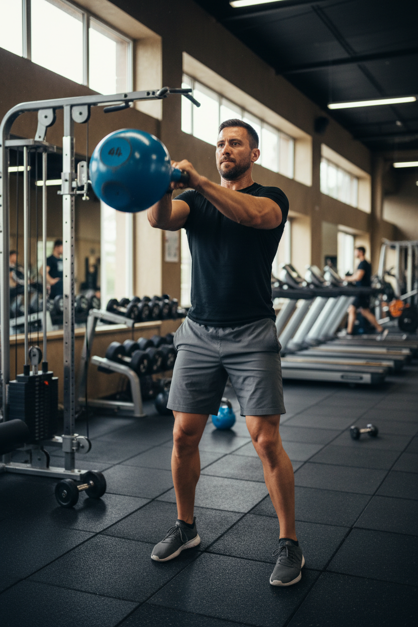 Man using 44kg blue kettlebell at gym