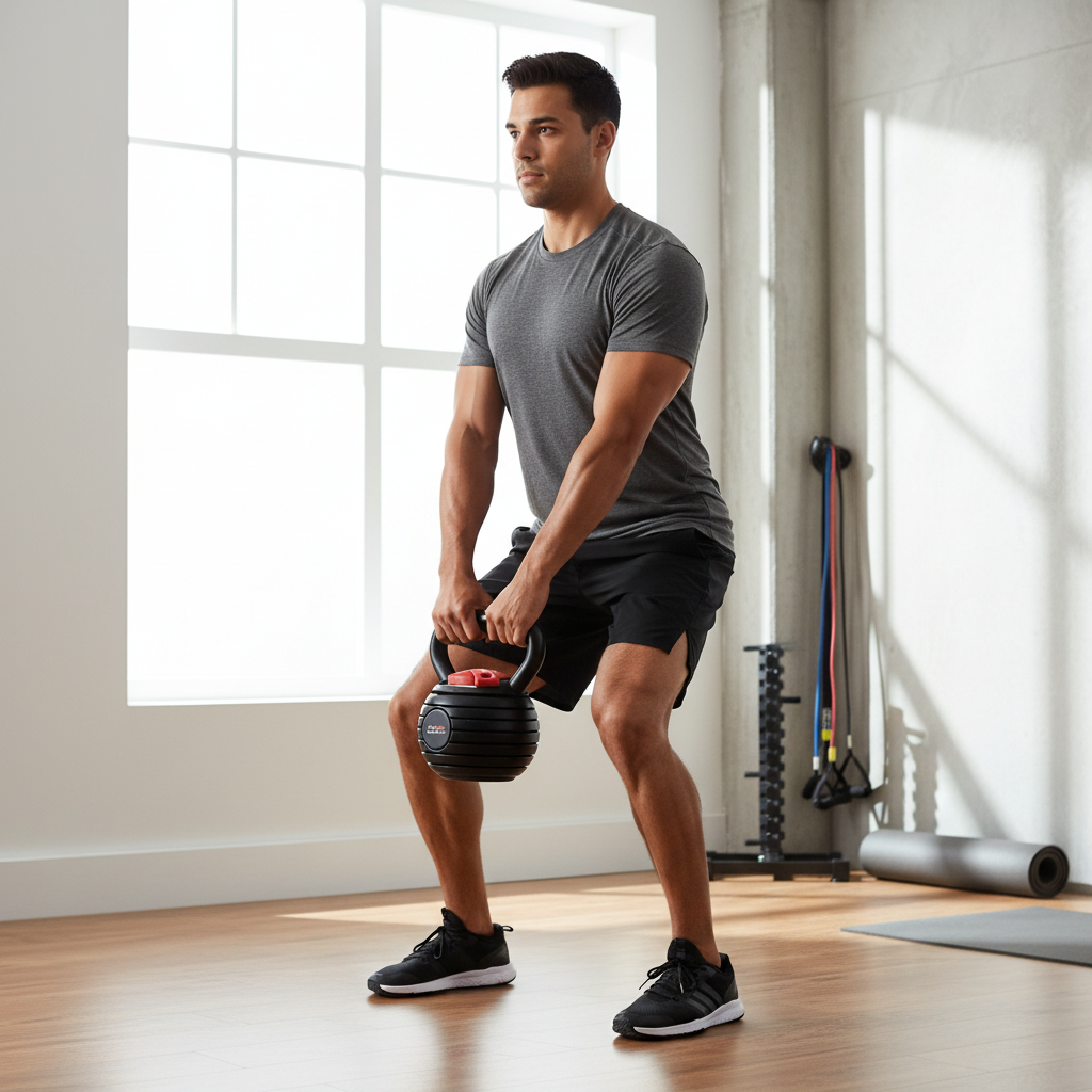 Man using adjustable kettlebell workout