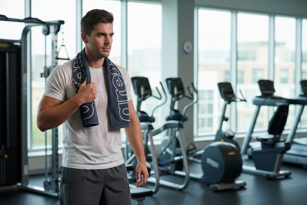Man using Arena towel at gym
